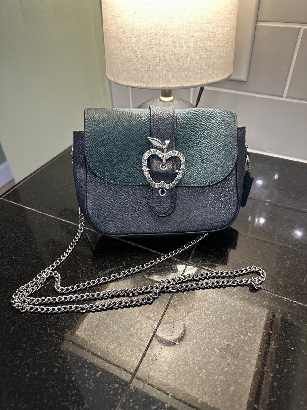 Coach Storypatch Green and Black Crossbody with Rhinestone Apple Accent
